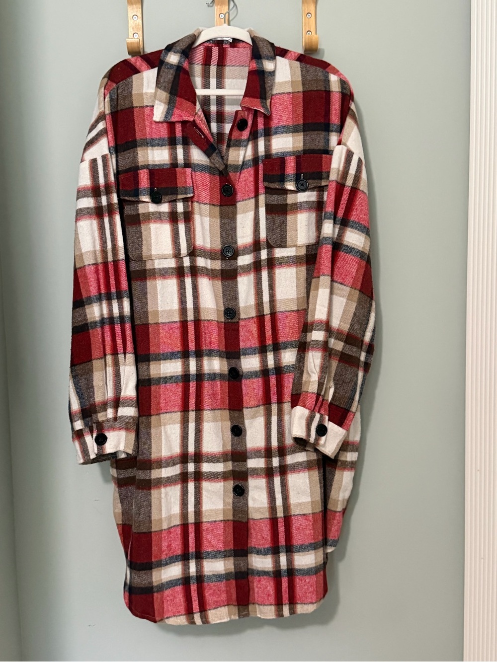 Plaid Button-Up Shacket Flannel Jacket in Red and Brown